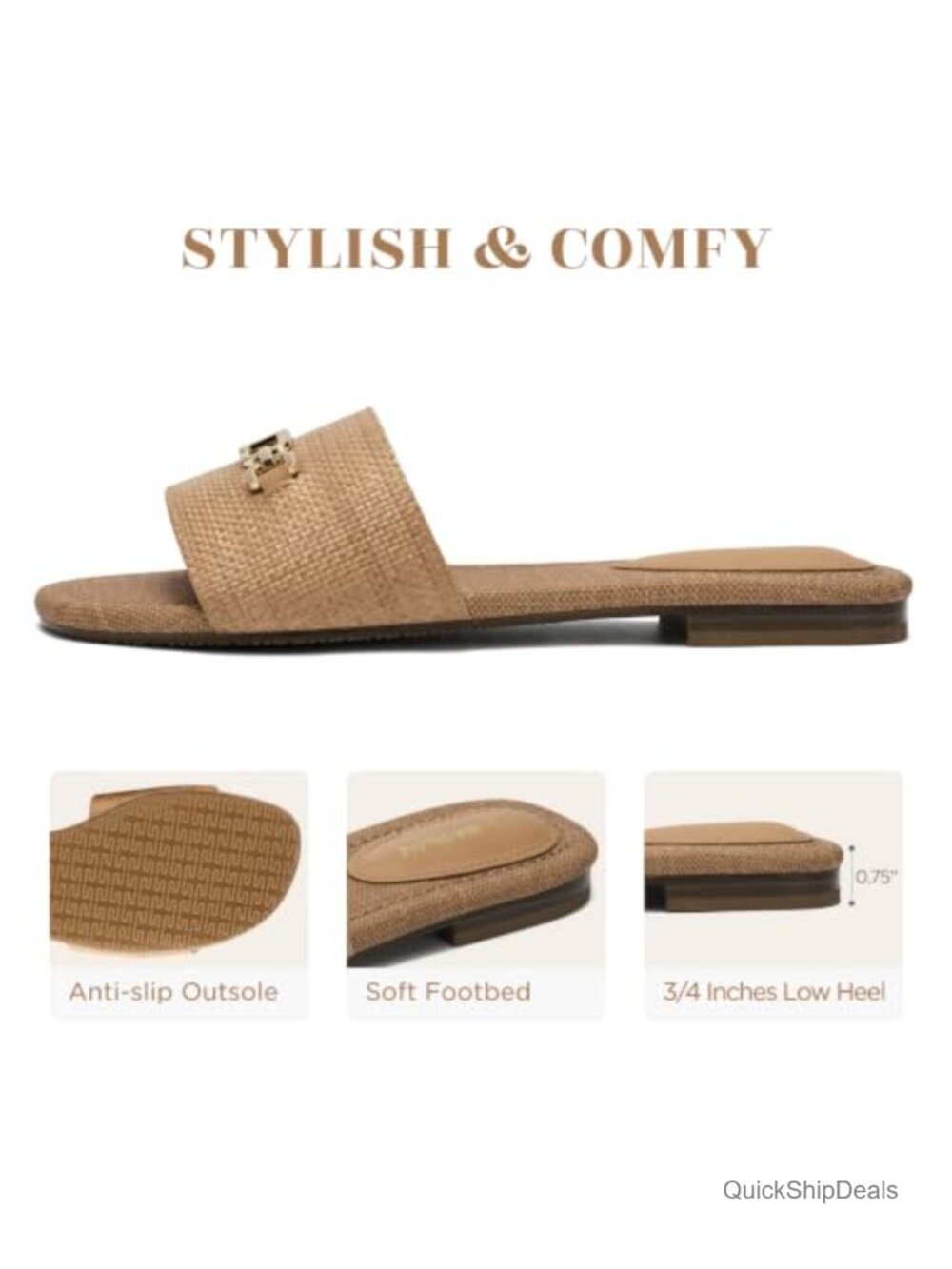 Woven Raffia Flat Slide Sandals with Gold Chain - Picture 3 of 6